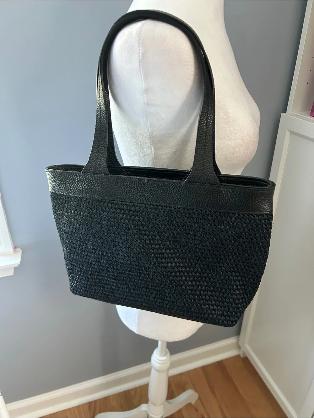 Rani Arabella Stella Mini Tote Handbag Black Woven Raffia Leather Italy